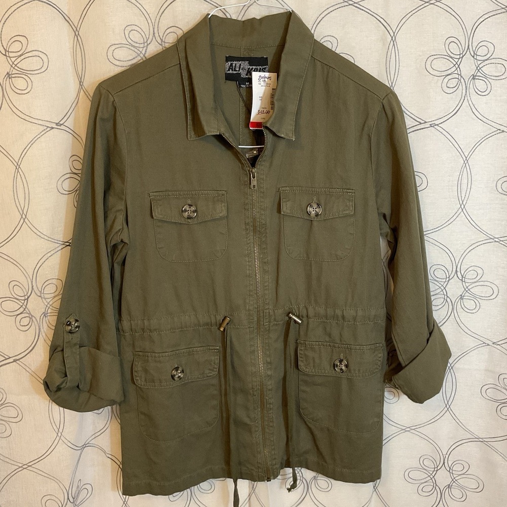 Women's Ali & Kris Green Jacket Cargo Pockets Full Zip Drawstring Waist Size Med